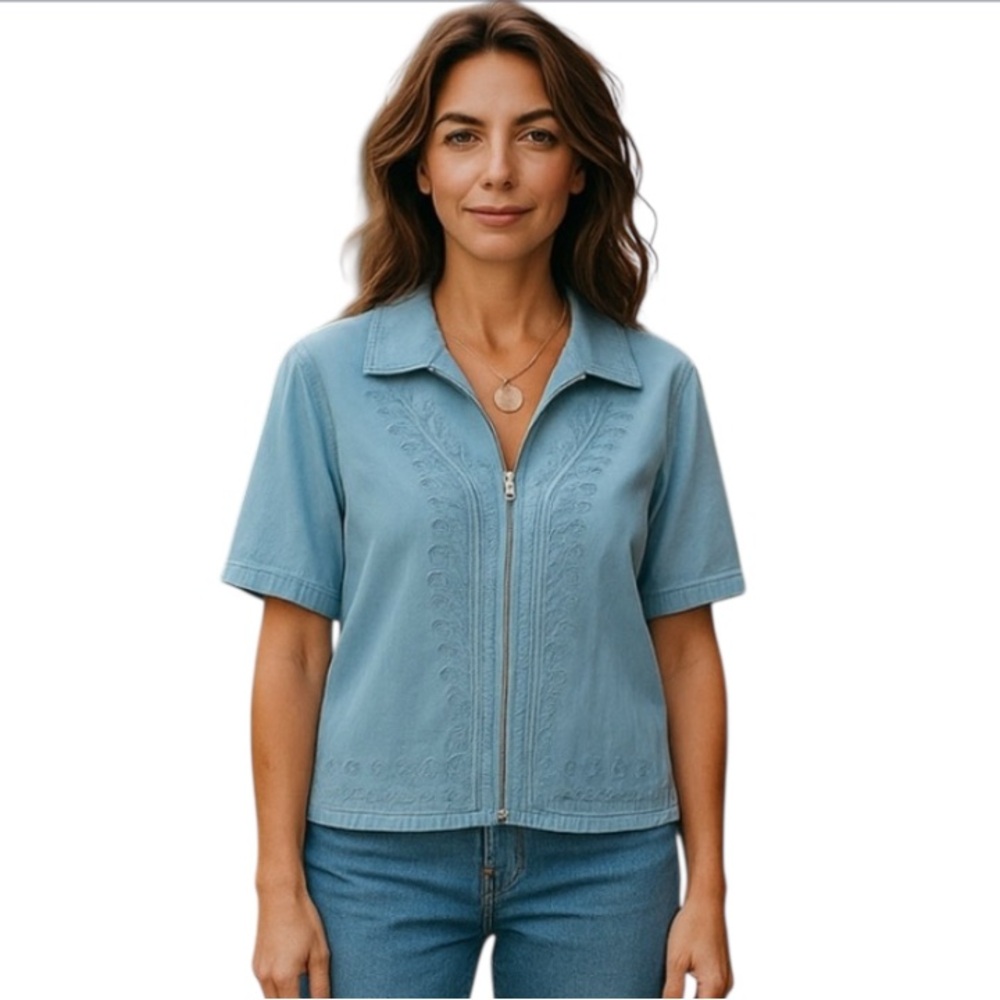 New! LAFEI-NIER Light Blue Embroidered Zip-Up Top  Size XL